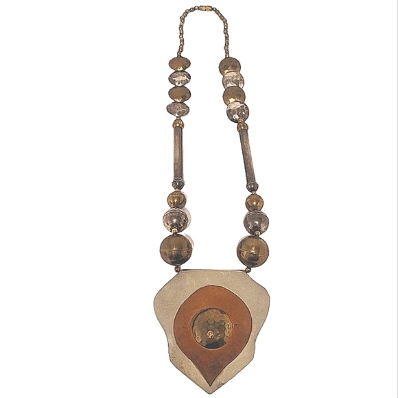 Large oversized brass & silver 80s jewelry ethnic beaded necklace shield pendant - Picture 1 of 7